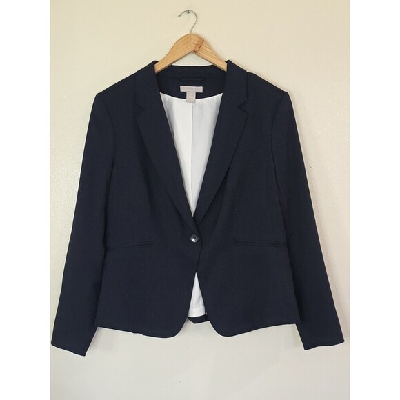 H&M Navy Blue Textured Blazer Jacket Womens Size Large Lined One Button Classic - Picture 14 of 14